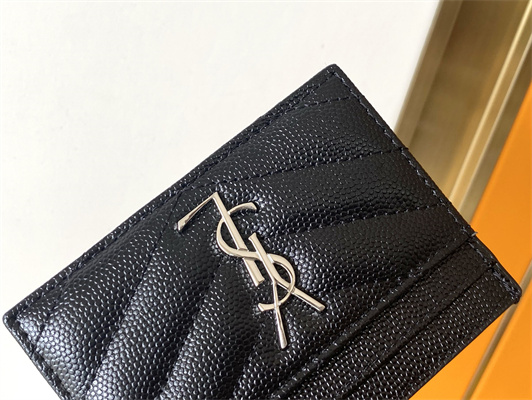 Y.S.L MONOGRAM MATELASS?? CARD CASE IN GRAIN DE POUDRE EMBOSSED LEATHER Black Color Silver Tone Metal