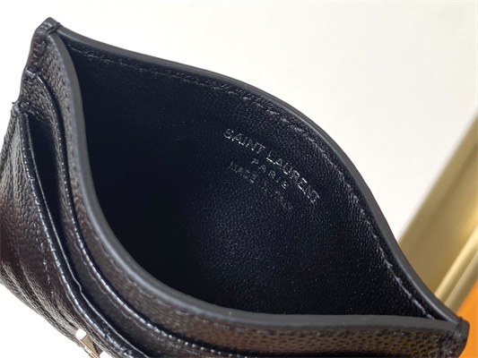 Y.S.L MONOGRAM MATELASS?? CARD CASE IN GRAIN DE POUDRE EMBOSSED LEATHER Black Color Silver Tone Metal