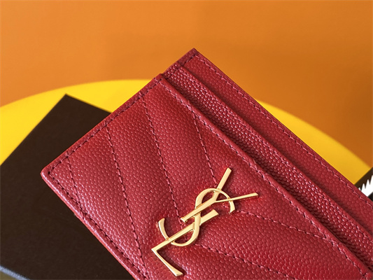 Y.S.L MONOGRAM MATELASS?? CARD CASE IN GRAIN DE POUDRE EMBOSSED LEATHER Red Color Gold Tone Metal