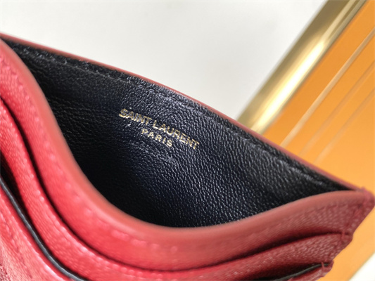 Y.S.L MONOGRAM MATELASS?? CARD CASE IN GRAIN DE POUDRE EMBOSSED LEATHER Red Color Gold Tone Metal