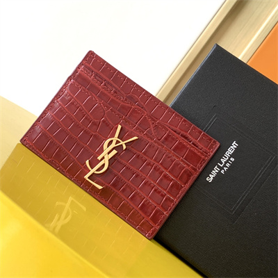 Y.S.L MONOGRAM MATELASS?? CARD CASE IN CROCODILE EMBOSSED LEATHER Red Color Gold Tone Metal