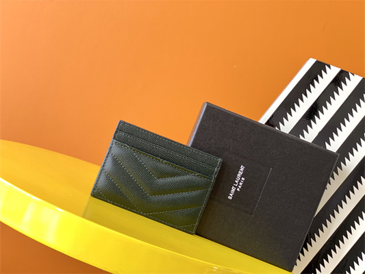 Y.S.L MONOGRAM MATELASS?? CARD CASE IN GRAIN DE POUDRE EMBOSSED LEATHER Dk Green Color Gold Tone Metal