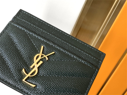 Y.S.L MONOGRAM MATELASS?? CARD CASE IN GRAIN DE POUDRE EMBOSSED LEATHER Dk Green Color Gold Tone Metal
