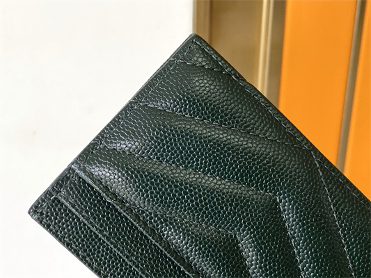 Y.S.L MONOGRAM MATELASS?? CARD CASE IN GRAIN DE POUDRE EMBOSSED LEATHER Dk Green Color Gold Tone Metal