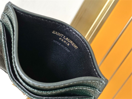 Y.S.L MONOGRAM MATELASS?? CARD CASE IN GRAIN DE POUDRE EMBOSSED LEATHER Dk Green Color Gold Tone Metal