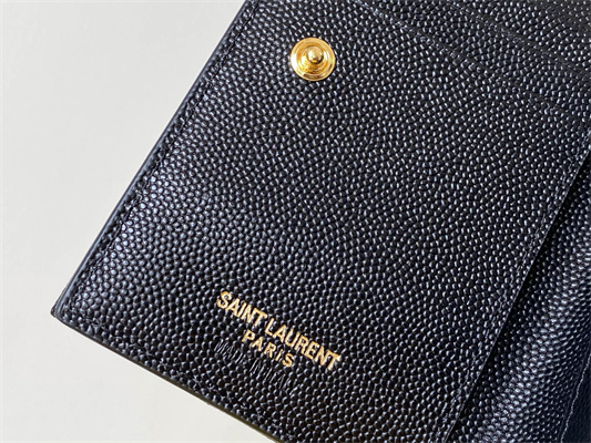 Y.S.L CASSANDRA MATELASS?? ZIP WALLET IN GRAIN DE POUDRE EMBOSSED LEATHER Black Color Gold Tone Metal