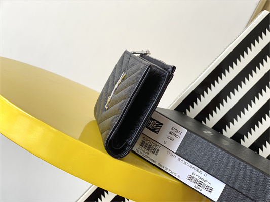 Y.S.L CASSANDRA MATELASS?? ZIP WALLET IN GRAIN DE POUDRE EMBOSSED LEATHER Black Color Silver Tone Metal