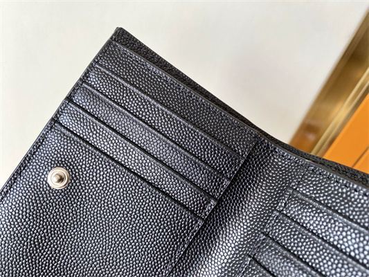 Y.S.L CASSANDRA MATELASS?? ZIP WALLET IN GRAIN DE POUDRE EMBOSSED LEATHER Black Color Silver Tone Metal