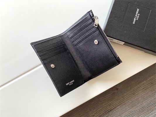 Y.S.L CASSANDRA MATELASS?? ZIP WALLET IN GRAIN DE POUDRE EMBOSSED LEATHER Black Color Silver Tone Metal