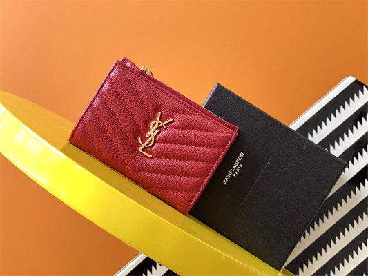 Y.S.L CASSANDRA MATELASS?? ZIP WALLET IN GRAIN DE POUDRE EMBOSSED LEATHER Red Color Gold Tone Metal