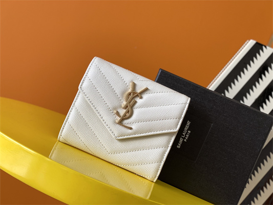 Y.S.L CASSANDRA MATELASS?? COMPACT TRI FOLD WALLET IN GRAIN DE POUDRE EMBOSSED LEATHER White Color Gold Tone Metal