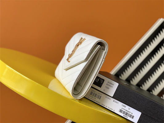 Y.S.L CASSANDRA MATELASS?? COMPACT TRI FOLD WALLET IN GRAIN DE POUDRE EMBOSSED LEATHER White Color Gold Tone Metal