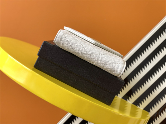 Y.S.L CASSANDRA MATELASS?? COMPACT TRI FOLD WALLET IN GRAIN DE POUDRE EMBOSSED LEATHER White Color Gold Tone Metal