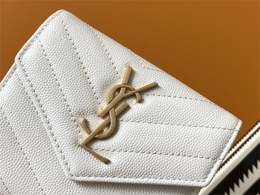 Y.S.L CASSANDRA MATELASS?? COMPACT TRI FOLD WALLET IN GRAIN DE POUDRE EMBOSSED LEATHER White Color Gold Tone Metal