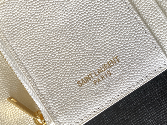 Y.S.L CASSANDRA MATELASS?? COMPACT TRI FOLD WALLET IN GRAIN DE POUDRE EMBOSSED LEATHER White Color Gold Tone Metal