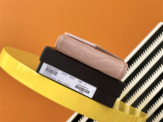 Y.S.L CASSANDRA MATELASS?? COMPACT TRI FOLD WALLET IN GRAIN DE POUDRE EMBOSSED LEATHER Pink Color Gold Tone Metal