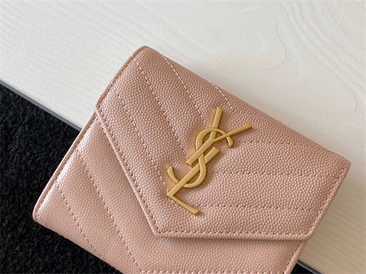 Y.S.L CASSANDRA MATELASS?? COMPACT TRI FOLD WALLET IN GRAIN DE POUDRE EMBOSSED LEATHER Pink Color Gold Tone Metal