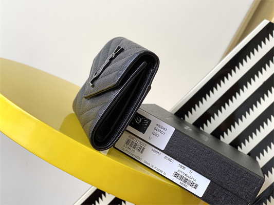 Y.S.L CASSANDRA MATELASS?? COMPACT TRI FOLD WALLET IN GRAIN DE POUDRE EMBOSSED LEATHER Black Color Black Tone Metal