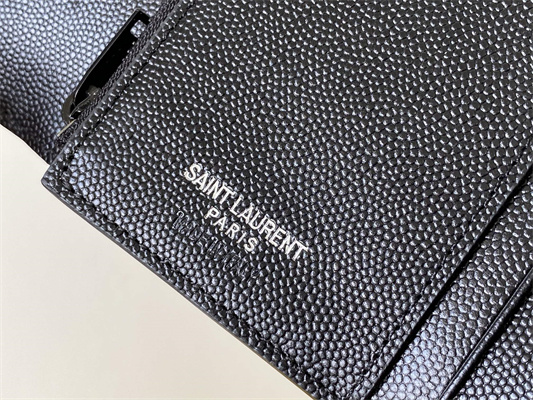 Y.S.L CASSANDRA MATELASS?? COMPACT TRI FOLD WALLET IN GRAIN DE POUDRE EMBOSSED LEATHER Black Color Black Tone Metal