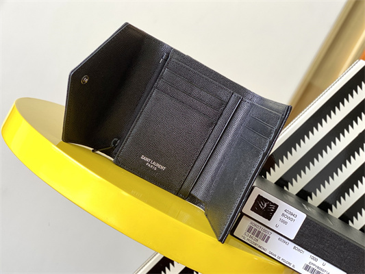 Y.S.L CASSANDRA MATELASS?? COMPACT TRI FOLD WALLET IN GRAIN DE POUDRE EMBOSSED LEATHER Black Color Black Tone Metal