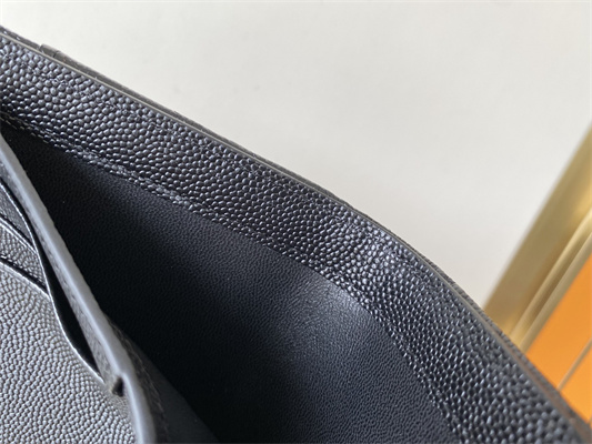 Y.S.L CASSANDRA MATELASS?? COMPACT TRI FOLD WALLET IN GRAIN DE POUDRE EMBOSSED LEATHER Black Color Black Tone Metal