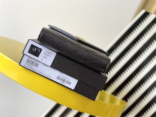 Y.S.L CASSANDRA MATELASS?? COMPACT TRI FOLD WALLET IN GRAIN DE POUDRE EMBOSSED LEATHER Black Color Gold Tone Metal