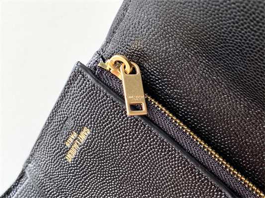 Y.S.L CASSANDRA MATELASS?? COMPACT TRI FOLD WALLET IN GRAIN DE POUDRE EMBOSSED LEATHER Black Color Gold Tone Metal