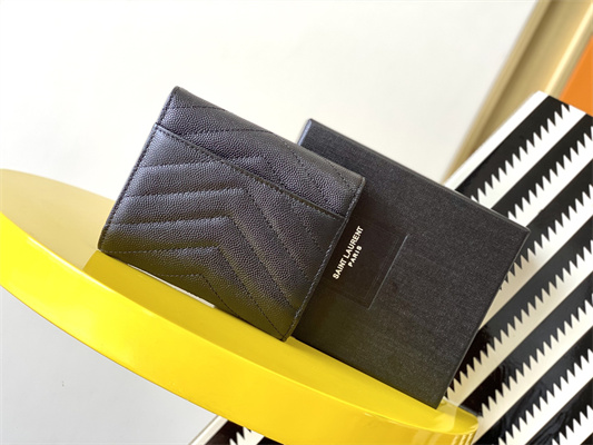 Y.S.L CASSANDRA MATELASS?? COMPACT TRI FOLD WALLET IN GRAIN DE POUDRE EMBOSSED LEATHER Black Color Silver Tone Metal