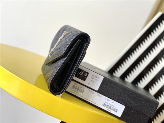 Y.S.L CASSANDRA MATELASS?? COMPACT TRI FOLD WALLET IN GRAIN DE POUDRE EMBOSSED LEATHER Black Color Silver Tone Metal