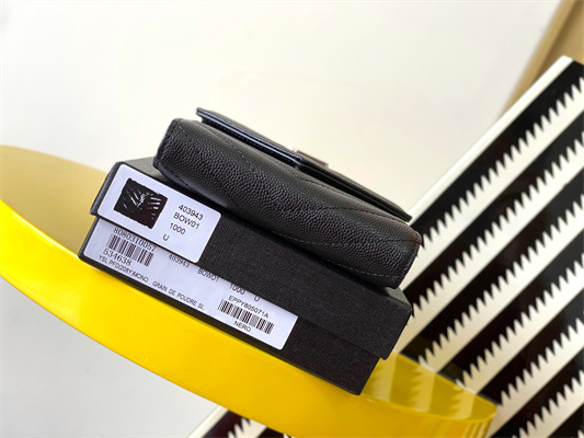 Y.S.L CASSANDRA MATELASS?? COMPACT TRI FOLD WALLET IN GRAIN DE POUDRE EMBOSSED LEATHER Black Color Silver Tone Metal