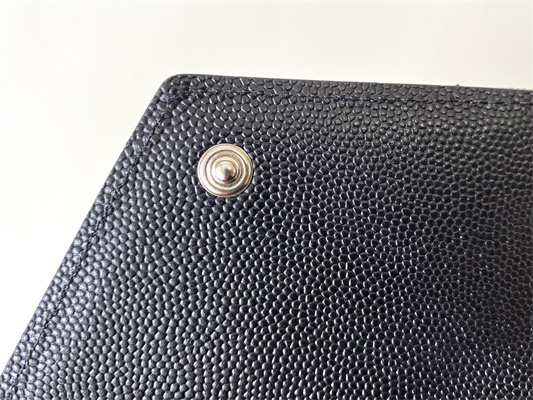 Y.S.L CASSANDRA MATELASS?? COMPACT TRI FOLD WALLET IN GRAIN DE POUDRE EMBOSSED LEATHER Black Color Silver Tone Metal