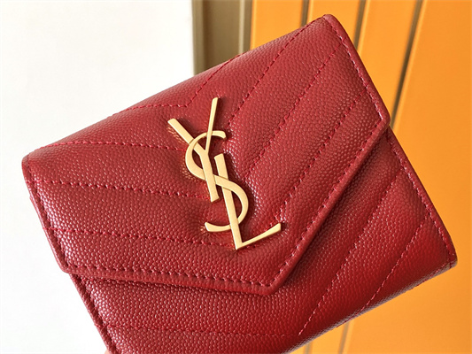Y.S.L CASSANDRA MATELASS?? COMPACT TRI FOLD WALLET IN GRAIN DE POUDRE EMBOSSED LEATHER Red Color Gold Tone Metal