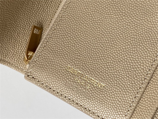 Y.S.L CASSANDRA MATELASS?? COMPACT TRI FOLD WALLET IN GRAIN DE POUDRE EMBOSSED LEATHER Beige Color Gold Tone Metal