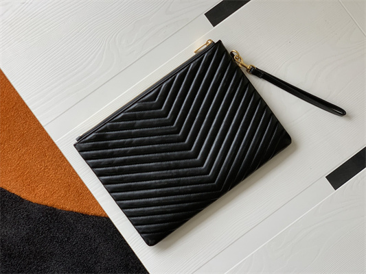 Y.S.L CASSANDRA MATELASS?? TABLET POUCH IN QUILTED LEATHER Black Color Gold Tone Metal