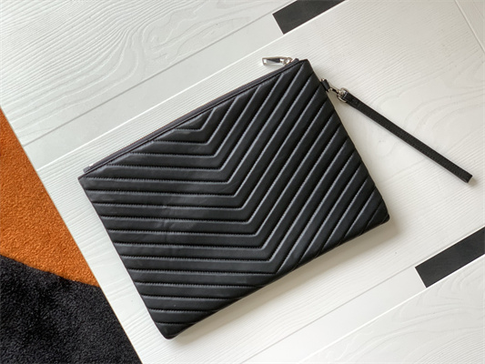 Y.S.L CASSANDRA MATELASS?? TABLET POUCH IN QUILTED LEATHER Black Color Silver Tone Metal