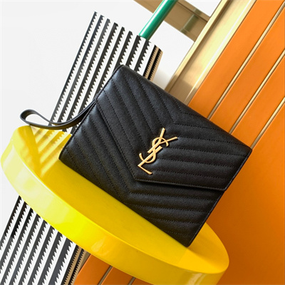 Y.S.L CASSANDRA MATELASS?? FLAP POUCH IN GRAIN DE POUDRE EMBOSSED LEATHER Black Color Gold Tone Metal