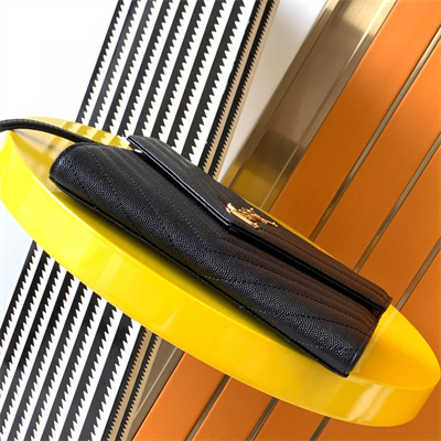 Y.S.L CASSANDRA MATELASS?? FLAP POUCH IN GRAIN DE POUDRE EMBOSSED LEATHER Black Color Gold Tone Metal