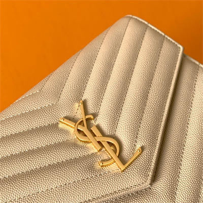 Y.S.L CASSANDRA MATELASS?? FLAP POUCH IN GRAIN DE POUDRE EMBOSSED LEATHER Beige Color Gold Tone Metal