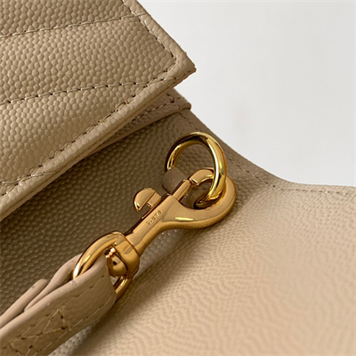 Y.S.L CASSANDRA MATELASS?? FLAP POUCH IN GRAIN DE POUDRE EMBOSSED LEATHER Beige Color Gold Tone Metal