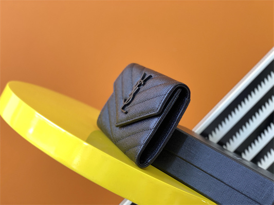 Y.S.L CASSANDRA MATELASS?? SMALL ENVELOPE WALLET IN GRAIN DE POUDRE EMBOSSED LEATHER Black Color Black Tone Metal