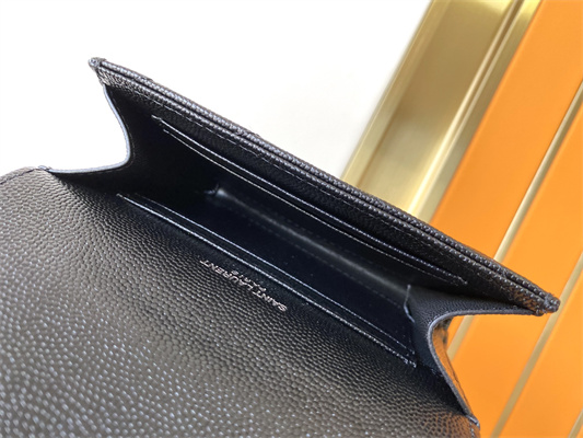 Y.S.L CASSANDRA MATELASS?? SMALL ENVELOPE WALLET IN GRAIN DE POUDRE EMBOSSED LEATHER Black Color Black Tone Metal