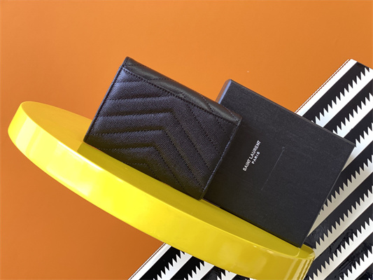 Y.S.L CASSANDRA MATELASS?? SMALL ENVELOPE WALLET IN GRAIN DE POUDRE EMBOSSED LEATHER Black Color Gold Tone Metal