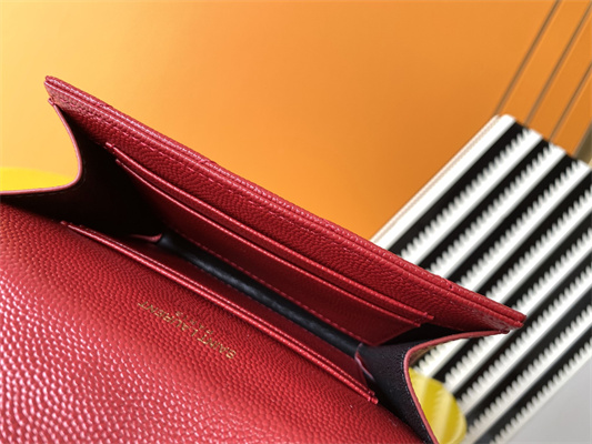 Y.S.L CASSANDRA MATELASS?? SMALL ENVELOPE WALLET IN GRAIN DE POUDRE EMBOSSED LEATHER Red Color Gold Tone Metal