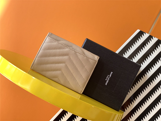 Y.S.L CASSANDRA MATELASS?? SMALL ENVELOPE WALLET IN GRAIN DE POUDRE EMBOSSED LEATHER Beige Color Gold Tone Metal