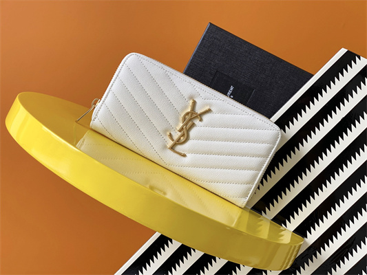 Y.S.L CASSANDRA MATELASS?? ZIP AROUND WALLET IN GRAIN DE POUDRE EMBOSSED LEATHER White Color Gold Tone Metal