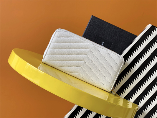 Y.S.L CASSANDRA MATELASS?? ZIP AROUND WALLET IN GRAIN DE POUDRE EMBOSSED LEATHER White Color Gold Tone Metal