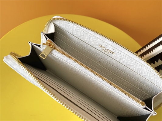Y.S.L CASSANDRA MATELASS?? ZIP AROUND WALLET IN GRAIN DE POUDRE EMBOSSED LEATHER White Color Gold Tone Metal