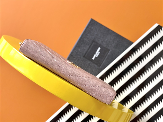 Y.S.L CASSANDRA MATELASS?? ZIP AROUND WALLET IN GRAIN DE POUDRE EMBOSSED LEATHER Pink Color Gold Tone Metal