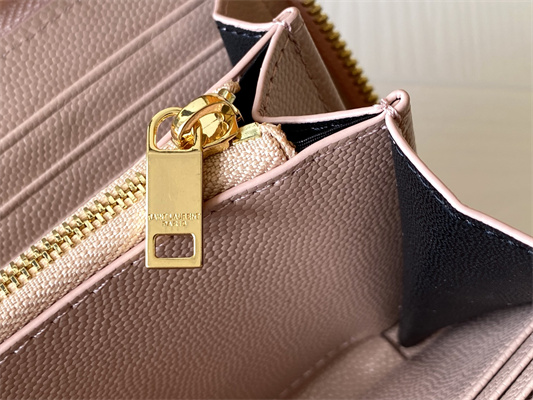 Y.S.L CASSANDRA MATELASS?? ZIP AROUND WALLET IN GRAIN DE POUDRE EMBOSSED LEATHER Pink Color Gold Tone Metal