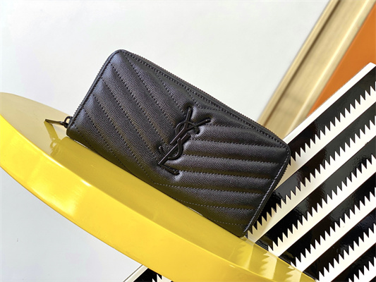 Y.S.L CASSANDRA MATELASS?? ZIP AROUND WALLET IN GRAIN DE POUDRE EMBOSSED LEATHER Black Color Black Tone Metal